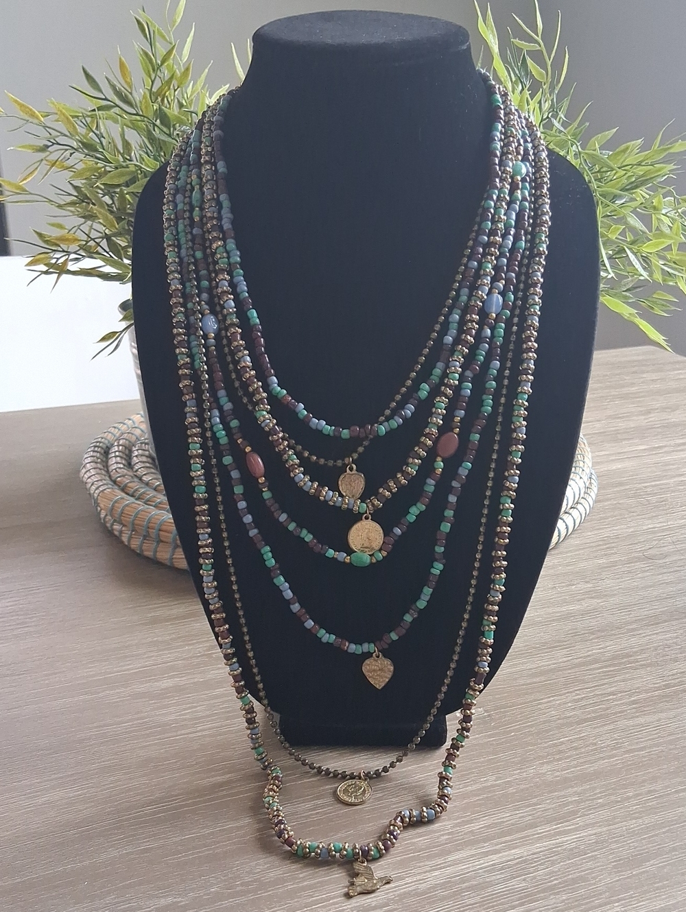 Multi-Strand Turquoise & Brown Beaded Layered Necklace Gold Tone Charms